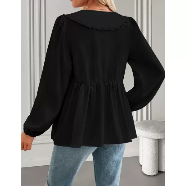 imageZESICA Womens Tie Front Peplum Tops Long Puff Sleeve Lapel Collar Cute Babydoll Blouses ShirtsBlack