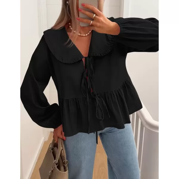 imageZESICA Womens Tie Front Peplum Tops Long Puff Sleeve Lapel Collar Cute Babydoll Blouses ShirtsBlack
