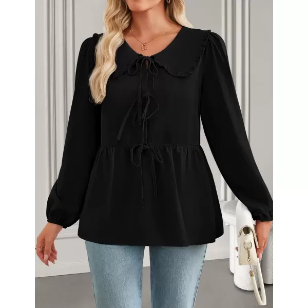 imageZESICA Womens Tie Front Peplum Tops Long Puff Sleeve Lapel Collar Cute Babydoll Blouses ShirtsBlack