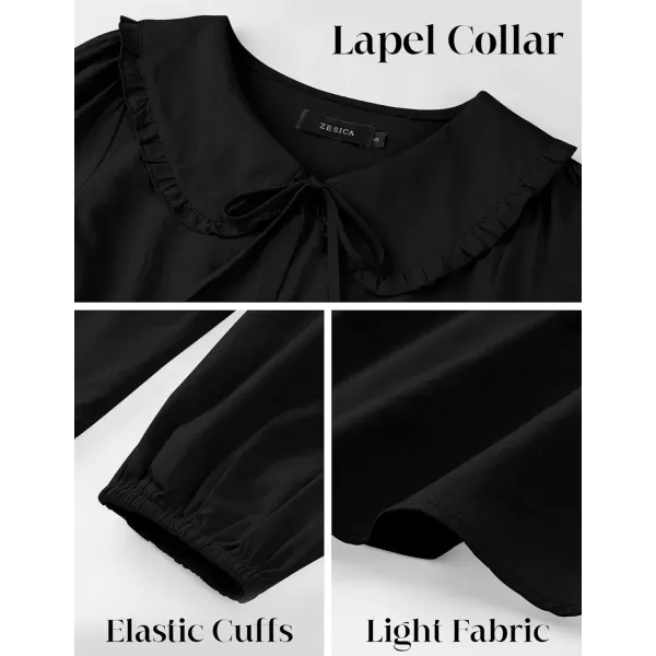 imageZESICA Womens Tie Front Peplum Tops Long Puff Sleeve Lapel Collar Cute Babydoll Blouses ShirtsBlack