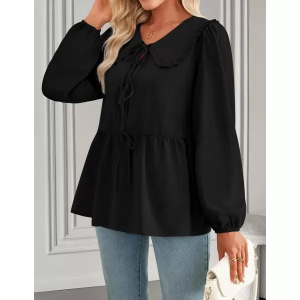 imageZESICA Womens Tie Front Peplum Tops Long Puff Sleeve Lapel Collar Cute Babydoll Blouses ShirtsBlack
