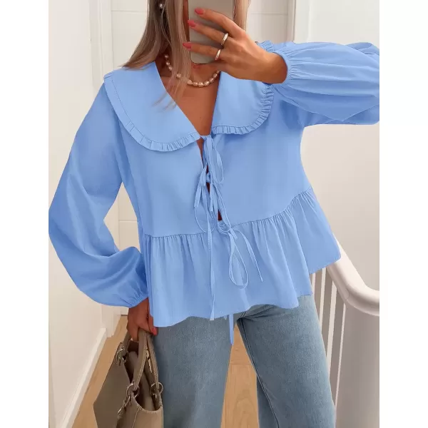 imageZESICA Womens Tie Front Peplum Tops Long Puff Sleeve Lapel Collar Cute Babydoll Blouses ShirtsBlue