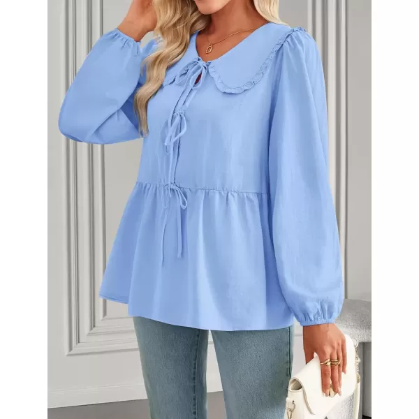 imageZESICA Womens Tie Front Peplum Tops Long Puff Sleeve Lapel Collar Cute Babydoll Blouses ShirtsBlue