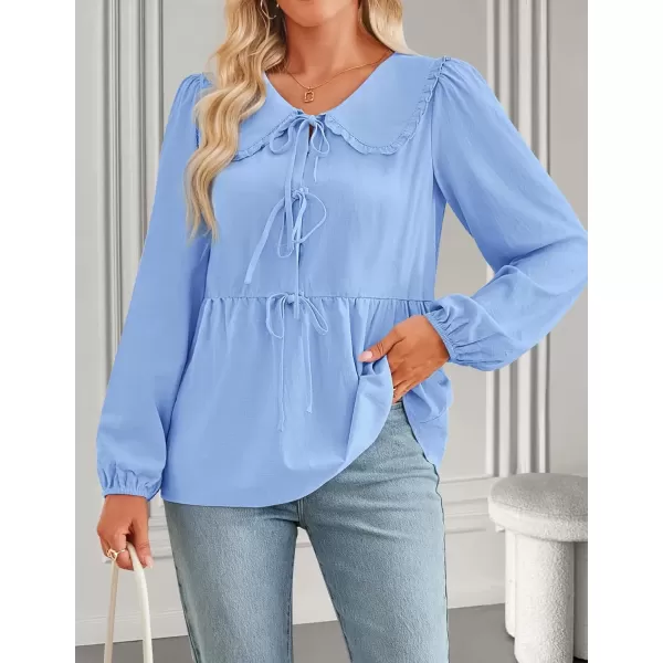 imageZESICA Womens Tie Front Peplum Tops Long Puff Sleeve Lapel Collar Cute Babydoll Blouses ShirtsBlue