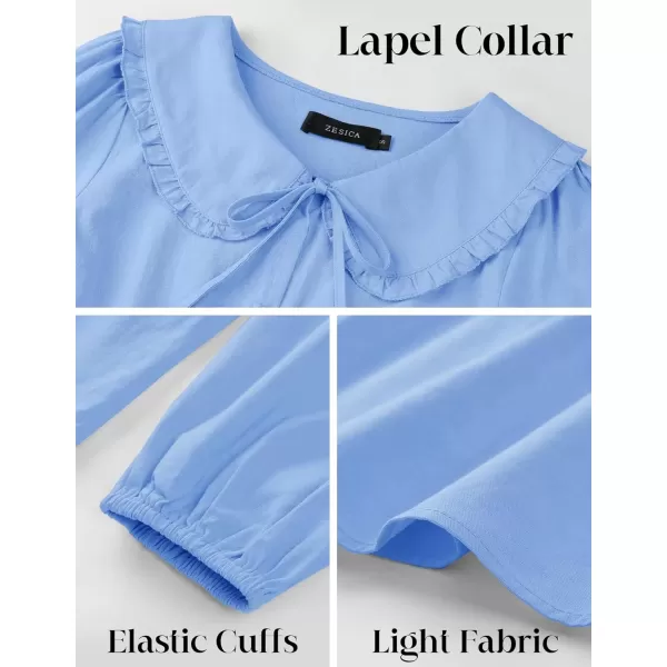 imageZESICA Womens Tie Front Peplum Tops Long Puff Sleeve Lapel Collar Cute Babydoll Blouses ShirtsBlue