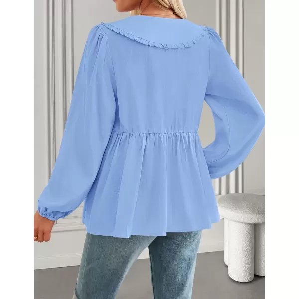 imageZESICA Womens Tie Front Peplum Tops Long Puff Sleeve Lapel Collar Cute Babydoll Blouses ShirtsBlue