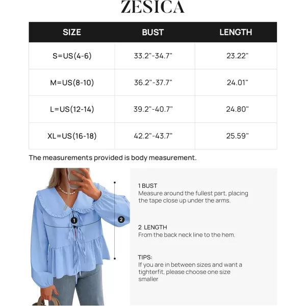 imageZESICA Womens Tie Front Peplum Tops Long Puff Sleeve Lapel Collar Cute Babydoll Blouses ShirtsBlue