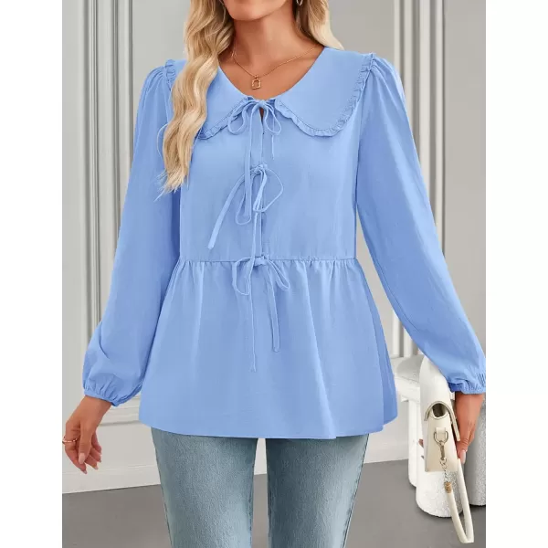 imageZESICA Womens Tie Front Peplum Tops Long Puff Sleeve Lapel Collar Cute Babydoll Blouses ShirtsBlue