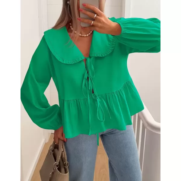 imageZESICA Womens Tie Front Peplum Tops Long Puff Sleeve Lapel Collar Cute Babydoll Blouses ShirtsGreen