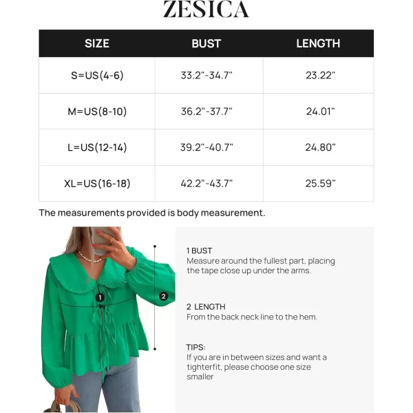 imageZESICA Womens Tie Front Peplum Tops Long Puff Sleeve Lapel Collar Cute Babydoll Blouses ShirtsGreen