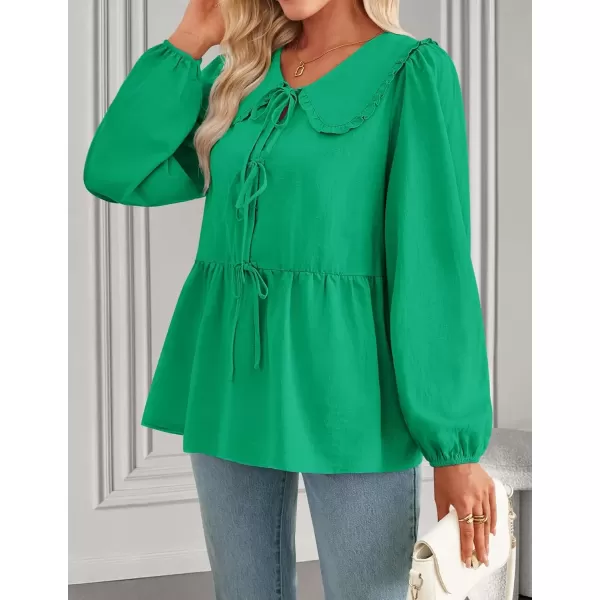 imageZESICA Womens Tie Front Peplum Tops Long Puff Sleeve Lapel Collar Cute Babydoll Blouses ShirtsGreen