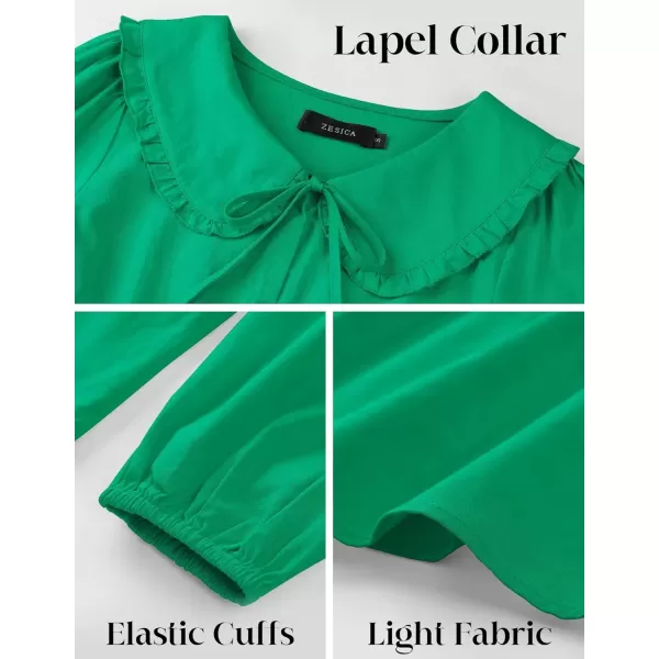 imageZESICA Womens Tie Front Peplum Tops Long Puff Sleeve Lapel Collar Cute Babydoll Blouses ShirtsGreen