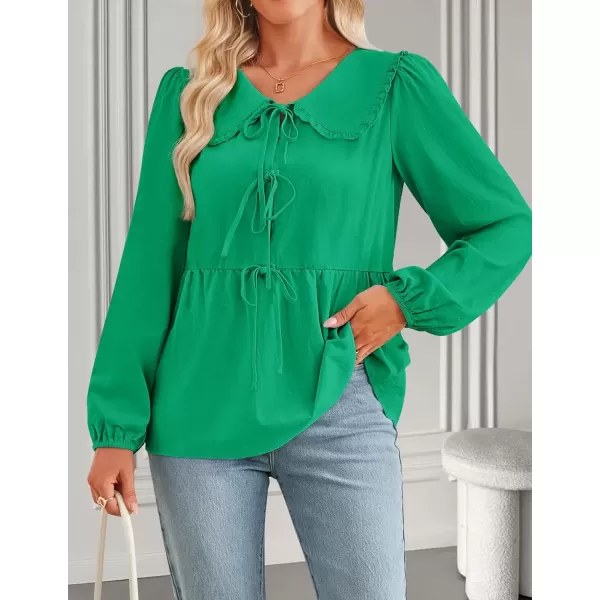 imageZESICA Womens Tie Front Peplum Tops Long Puff Sleeve Lapel Collar Cute Babydoll Blouses ShirtsGreen