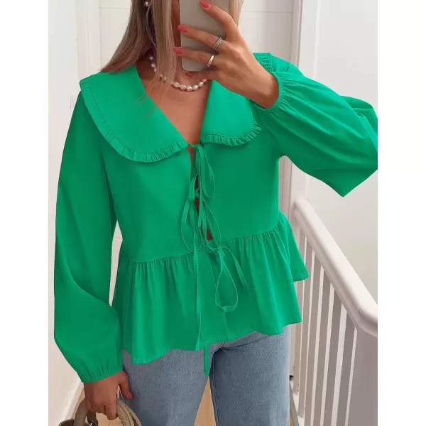 imageZESICA Womens Tie Front Peplum Tops Long Puff Sleeve Lapel Collar Cute Babydoll Blouses ShirtsGreen