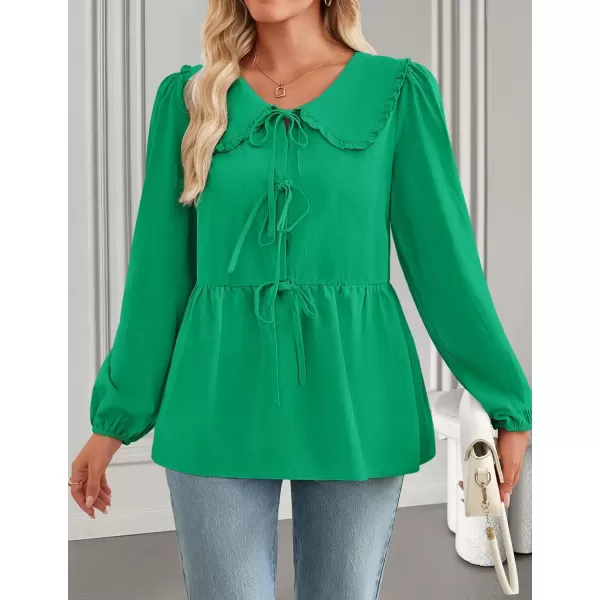 imageZESICA Womens Tie Front Peplum Tops Long Puff Sleeve Lapel Collar Cute Babydoll Blouses ShirtsGreen