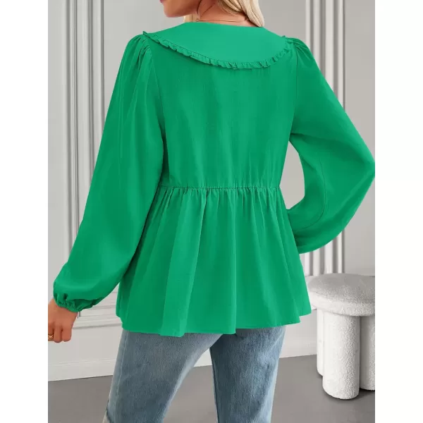 imageZESICA Womens Tie Front Peplum Tops Long Puff Sleeve Lapel Collar Cute Babydoll Blouses ShirtsGreen