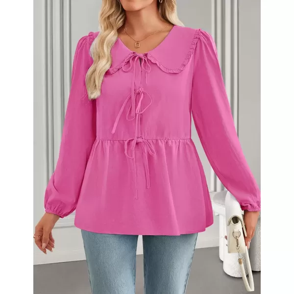 imageZESICA Womens Tie Front Peplum Tops Long Puff Sleeve Lapel Collar Cute Babydoll Blouses ShirtsHot Pink