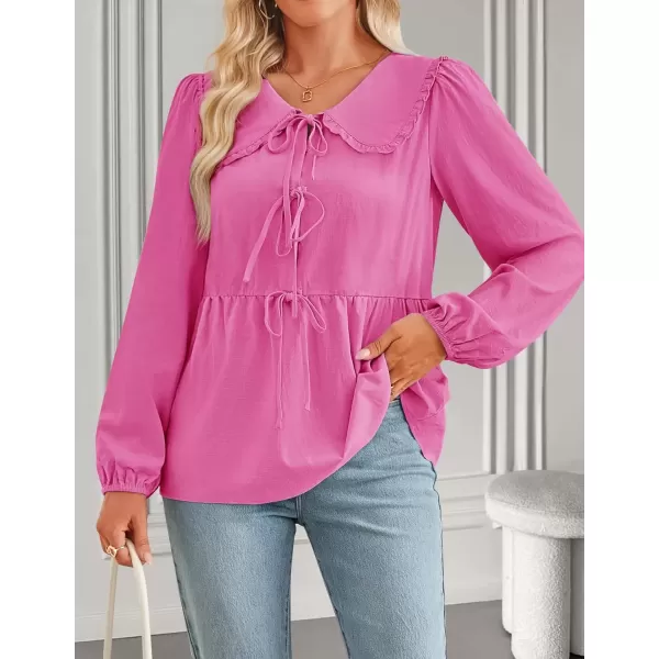 imageZESICA Womens Tie Front Peplum Tops Long Puff Sleeve Lapel Collar Cute Babydoll Blouses ShirtsHot Pink