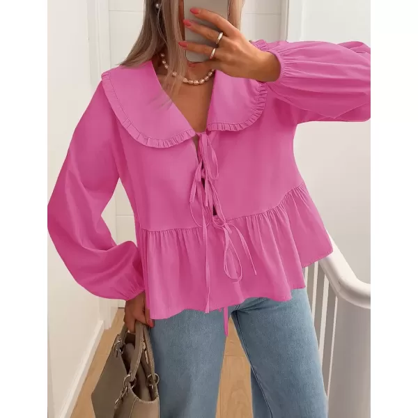 imageZESICA Womens Tie Front Peplum Tops Long Puff Sleeve Lapel Collar Cute Babydoll Blouses ShirtsHot Pink