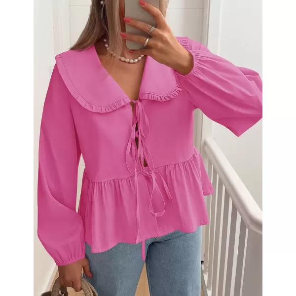 imageZESICA Womens Tie Front Peplum Tops Long Puff Sleeve Lapel Collar Cute Babydoll Blouses ShirtsHot Pink
