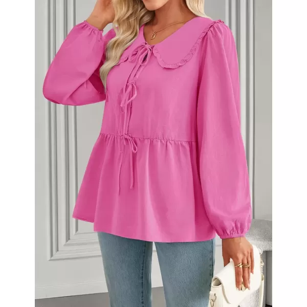 imageZESICA Womens Tie Front Peplum Tops Long Puff Sleeve Lapel Collar Cute Babydoll Blouses ShirtsHot Pink
