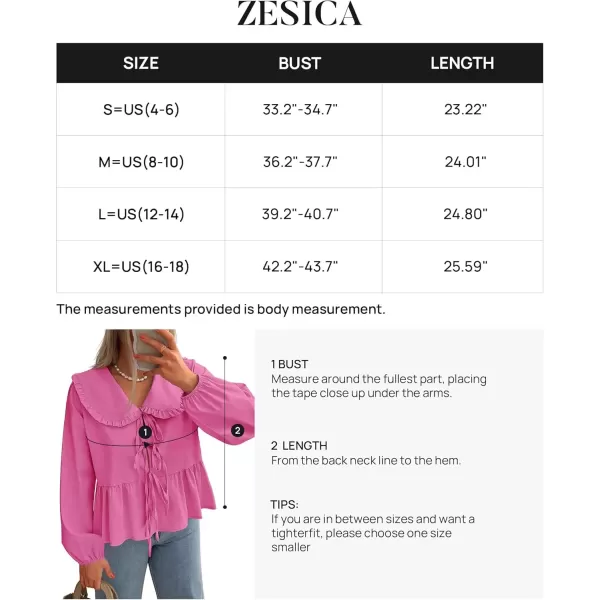 imageZESICA Womens Tie Front Peplum Tops Long Puff Sleeve Lapel Collar Cute Babydoll Blouses ShirtsHot Pink