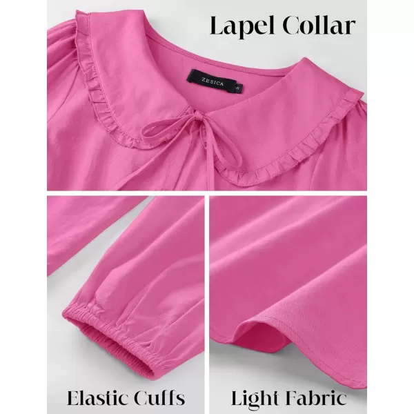 imageZESICA Womens Tie Front Peplum Tops Long Puff Sleeve Lapel Collar Cute Babydoll Blouses ShirtsHot Pink