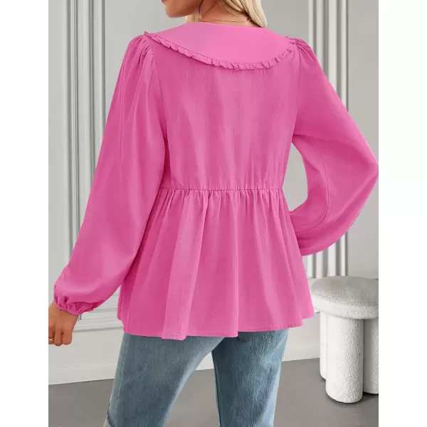 imageZESICA Womens Tie Front Peplum Tops Long Puff Sleeve Lapel Collar Cute Babydoll Blouses ShirtsHot Pink