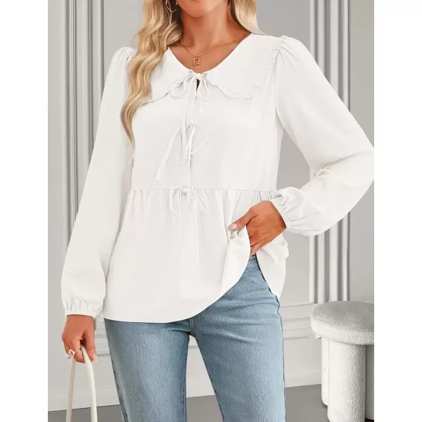 imageZESICA Womens Tie Front Peplum Tops Long Puff Sleeve Lapel Collar Cute Babydoll Blouses ShirtsIvory