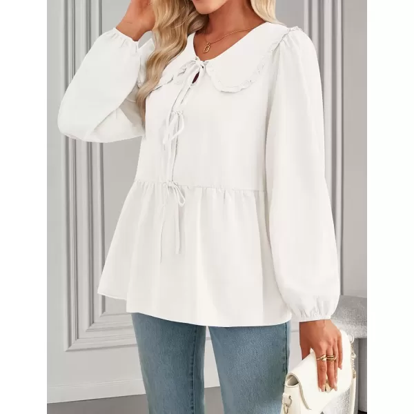 imageZESICA Womens Tie Front Peplum Tops Long Puff Sleeve Lapel Collar Cute Babydoll Blouses ShirtsIvory