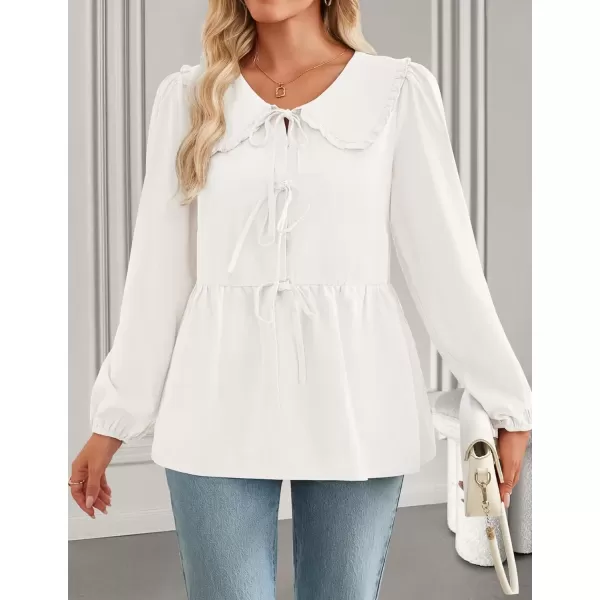 imageZESICA Womens Tie Front Peplum Tops Long Puff Sleeve Lapel Collar Cute Babydoll Blouses ShirtsIvory