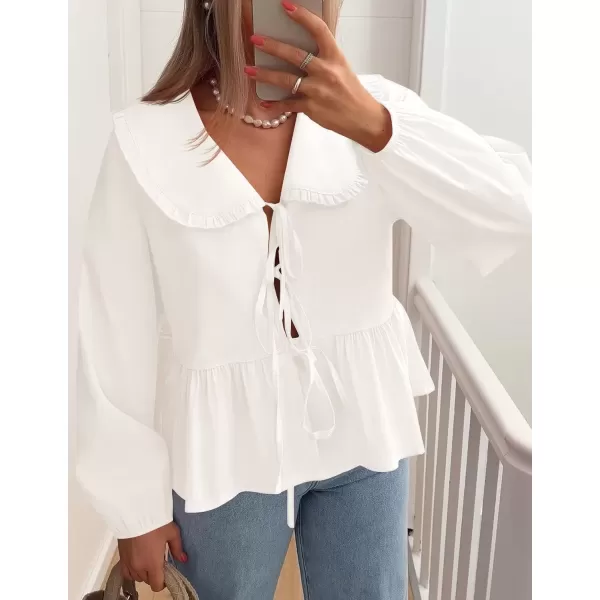 imageZESICA Womens Tie Front Peplum Tops Long Puff Sleeve Lapel Collar Cute Babydoll Blouses ShirtsIvory