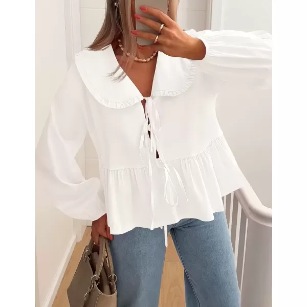 imageZESICA Womens Tie Front Peplum Tops Long Puff Sleeve Lapel Collar Cute Babydoll Blouses ShirtsIvory