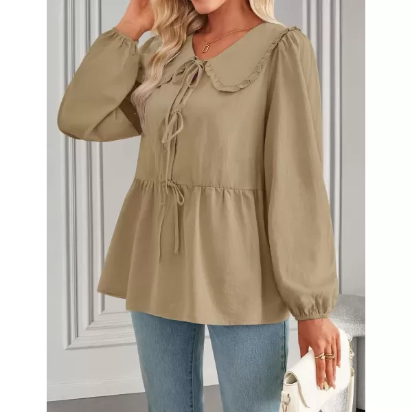 imageZESICA Womens Tie Front Peplum Tops Long Puff Sleeve Lapel Collar Cute Babydoll Blouses ShirtsKhaki