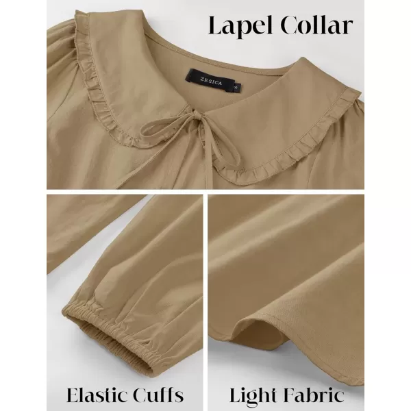 imageZESICA Womens Tie Front Peplum Tops Long Puff Sleeve Lapel Collar Cute Babydoll Blouses ShirtsKhaki