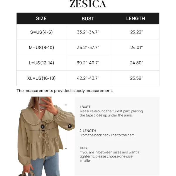 imageZESICA Womens Tie Front Peplum Tops Long Puff Sleeve Lapel Collar Cute Babydoll Blouses ShirtsKhaki