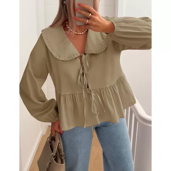 imageZESICA Womens Tie Front Peplum Tops Long Puff Sleeve Lapel Collar Cute Babydoll Blouses ShirtsKhaki