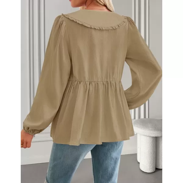 imageZESICA Womens Tie Front Peplum Tops Long Puff Sleeve Lapel Collar Cute Babydoll Blouses ShirtsKhaki