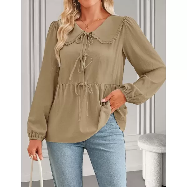 imageZESICA Womens Tie Front Peplum Tops Long Puff Sleeve Lapel Collar Cute Babydoll Blouses ShirtsKhaki