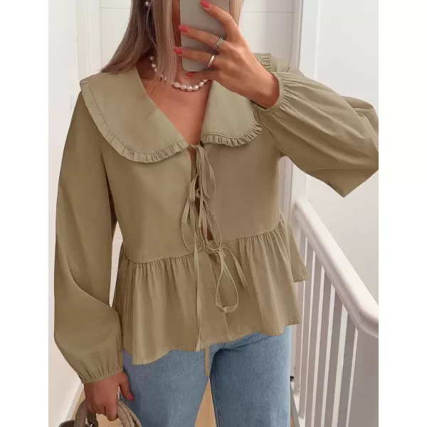 imageZESICA Womens Tie Front Peplum Tops Long Puff Sleeve Lapel Collar Cute Babydoll Blouses ShirtsKhaki