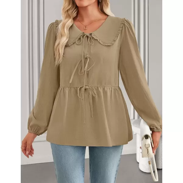 imageZESICA Womens Tie Front Peplum Tops Long Puff Sleeve Lapel Collar Cute Babydoll Blouses ShirtsKhaki
