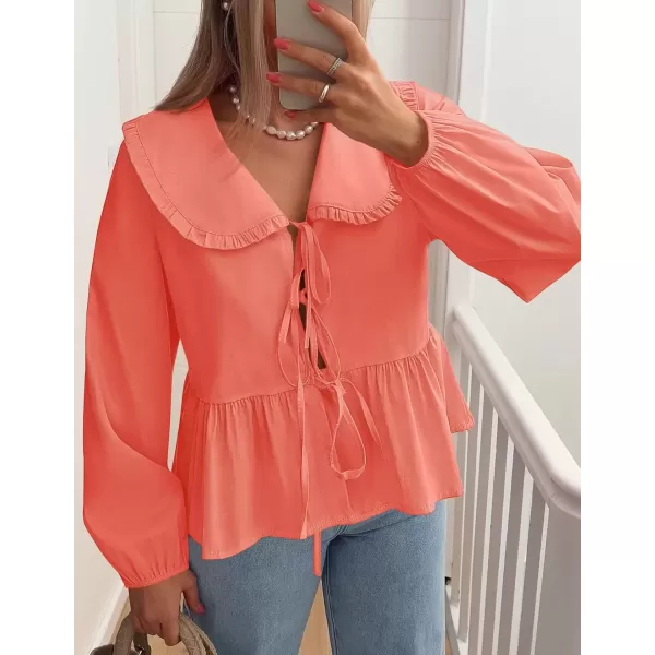 imageZESICA Womens Tie Front Peplum Tops Long Puff Sleeve Lapel Collar Cute Babydoll Blouses ShirtsOrange