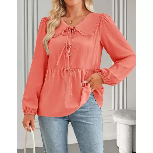imageZESICA Womens Tie Front Peplum Tops Long Puff Sleeve Lapel Collar Cute Babydoll Blouses ShirtsOrange