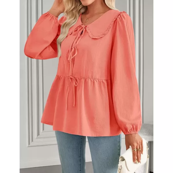 imageZESICA Womens Tie Front Peplum Tops Long Puff Sleeve Lapel Collar Cute Babydoll Blouses ShirtsOrange