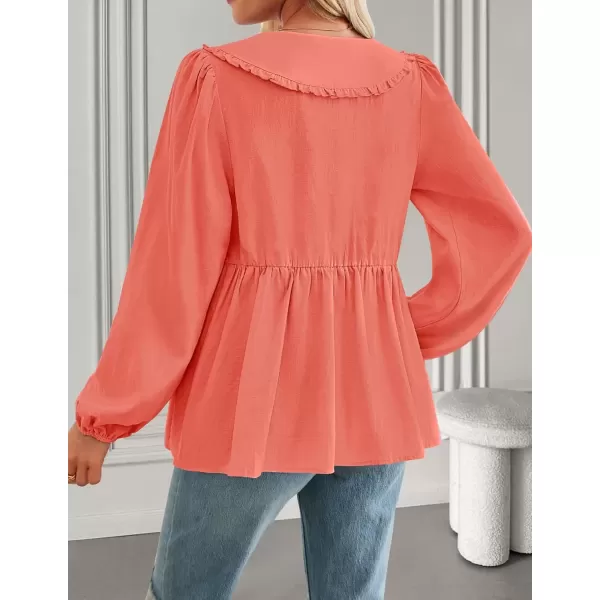 imageZESICA Womens Tie Front Peplum Tops Long Puff Sleeve Lapel Collar Cute Babydoll Blouses ShirtsOrange