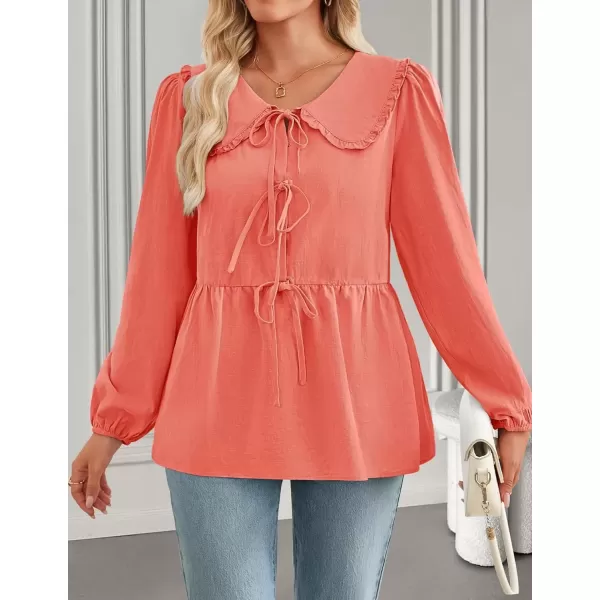 imageZESICA Womens Tie Front Peplum Tops Long Puff Sleeve Lapel Collar Cute Babydoll Blouses ShirtsOrange