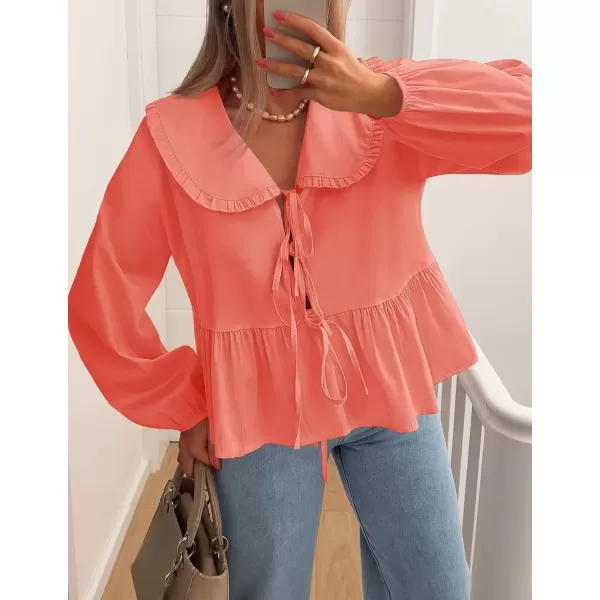 imageZESICA Womens Tie Front Peplum Tops Long Puff Sleeve Lapel Collar Cute Babydoll Blouses ShirtsOrange