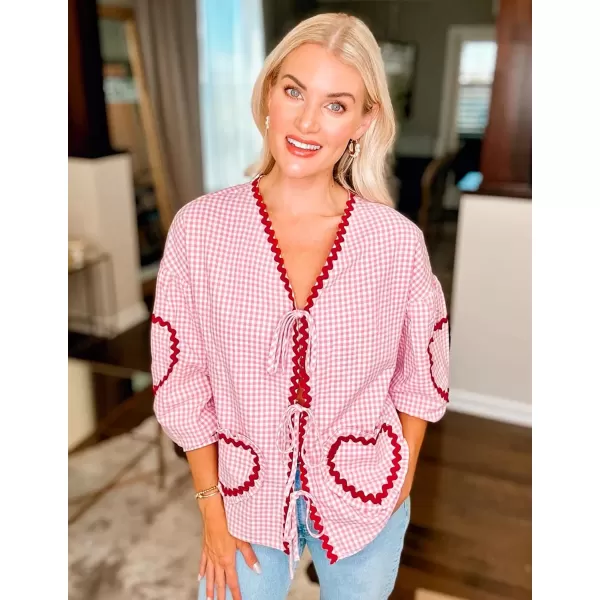 imageZESICA Womens Tie Front Peplum Tops Long Puff Sleeve Lapel Collar Cute Babydoll Blouses ShirtsPink