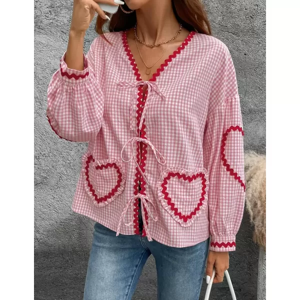 imageZESICA Womens Tie Front Peplum Tops Long Puff Sleeve Lapel Collar Cute Babydoll Blouses ShirtsPink