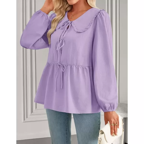 imageZESICA Womens Tie Front Peplum Tops Long Puff Sleeve Lapel Collar Cute Babydoll Blouses ShirtsPurple
